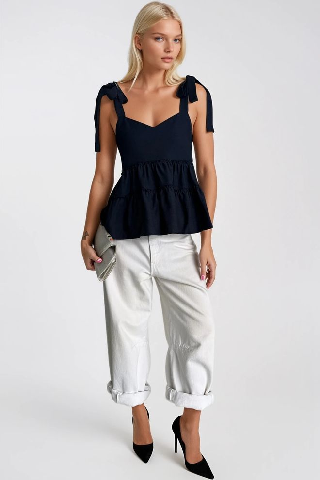 Black Fashion Lacivert Kolsuz Kalp Yakalı Bluz Toptan Giyim Pamuk