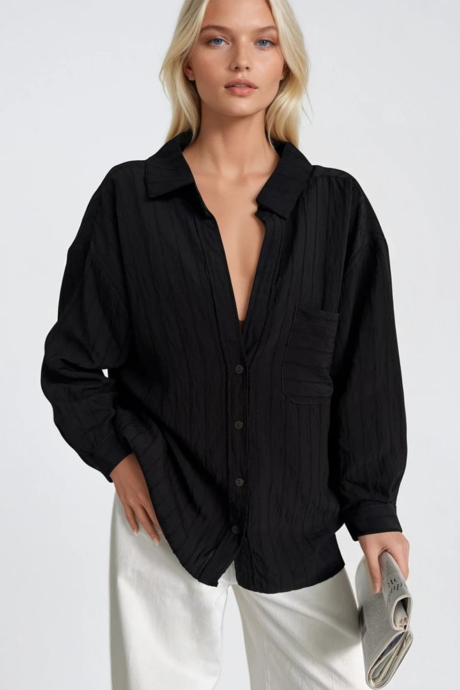 Black Fashion Черная Полосатая Оверсайз Рубашка С Зубчатым Воротником И Длинным Рукавом Оптовая продажа одежды Уличная одежда