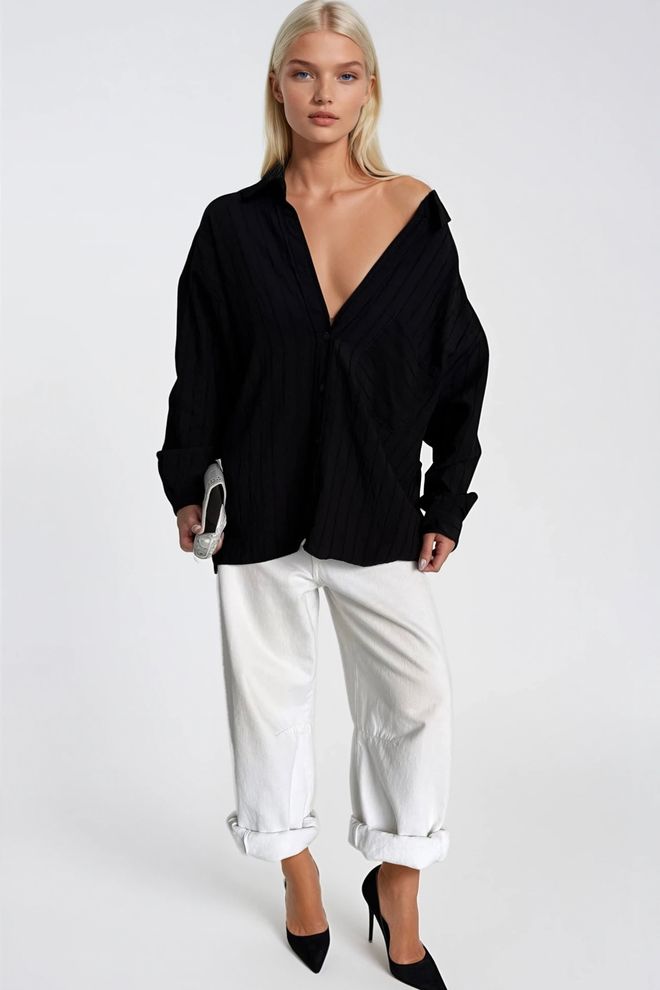 Black Fashion Black Striped Oversized Shirt With Notched Neck Wholesale Clothing Modal