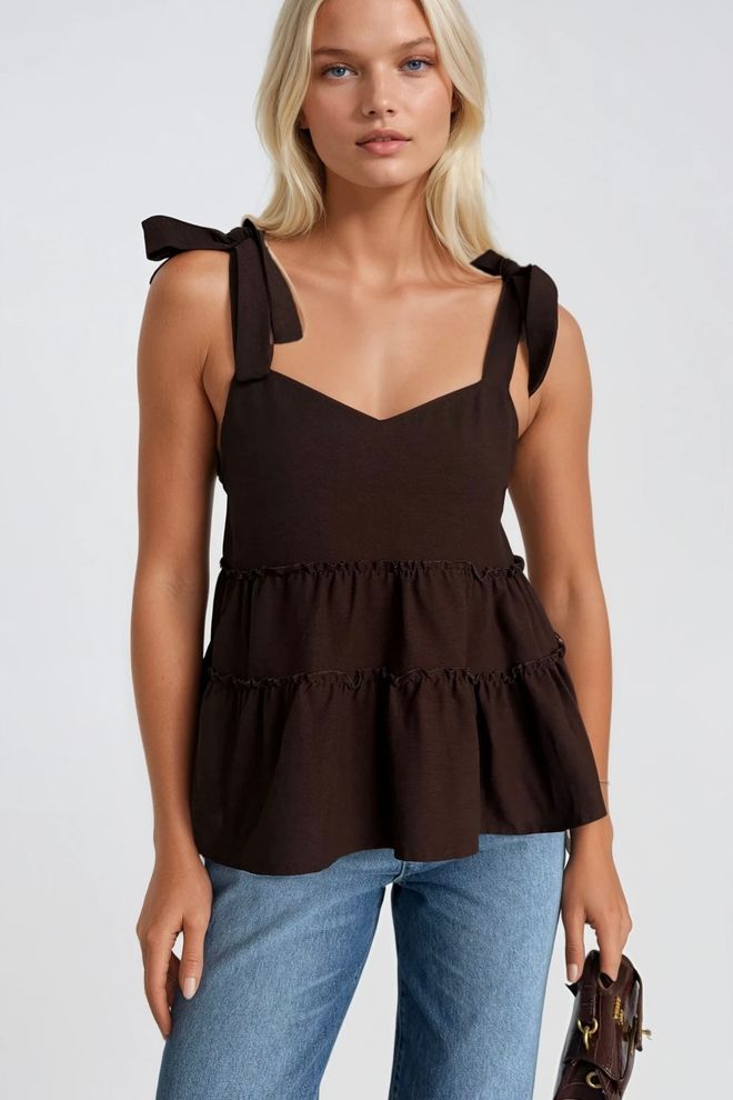 Black Fashion Коричневая Бохо Повседневная Блузка С Милой Шеей Оптовая продажа одежды Уличная одежда