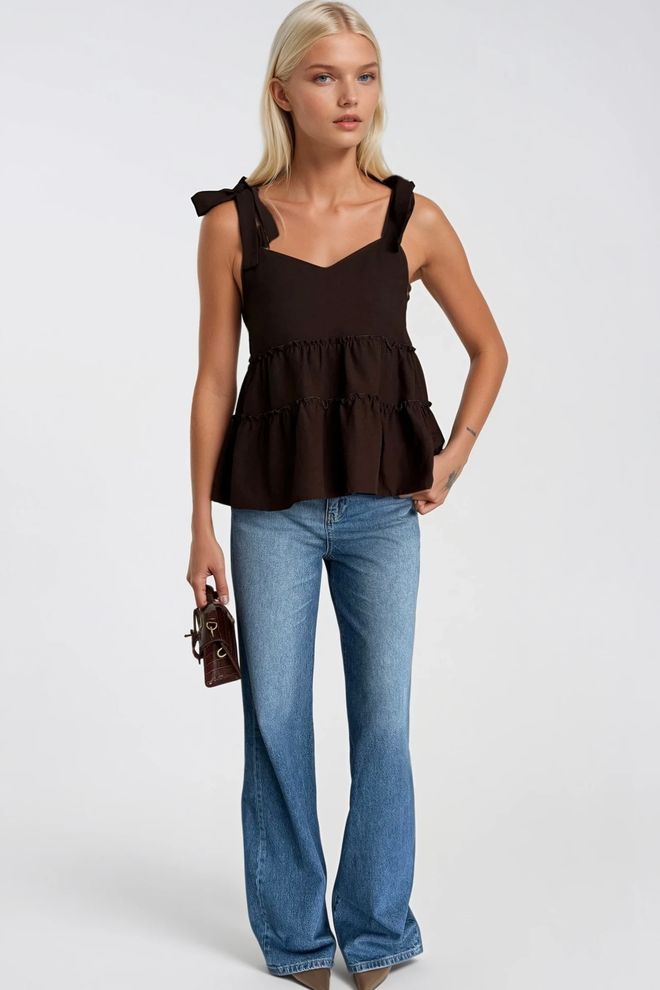 Black Fashion Kahverengi Boho Gündelik Bluz Kalp Yakalı Toptan Giyim Pamuk