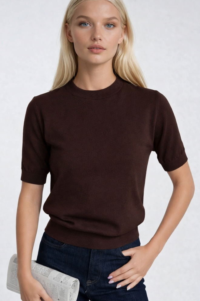 Black Fashion بلوزة بني غير رسمي بياقة مستديرة وأكمام قصيرة ملابس بالجملة غير رسمي