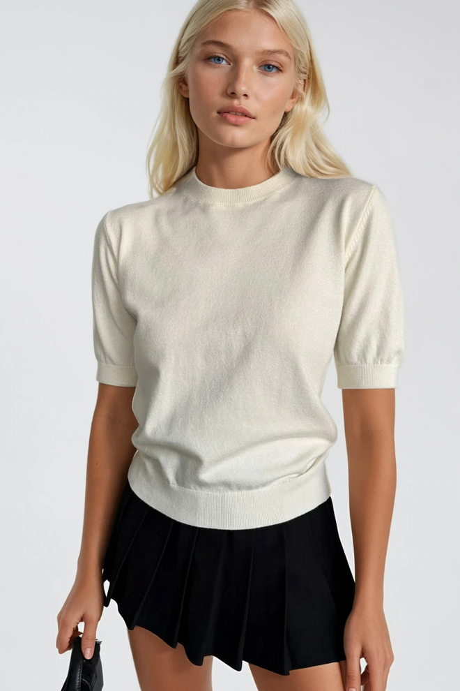 Black Fashion بلوزة اللون البيج بأكمام نصفية ورقبة الطاقم ملابس بالجملة غير رسمي