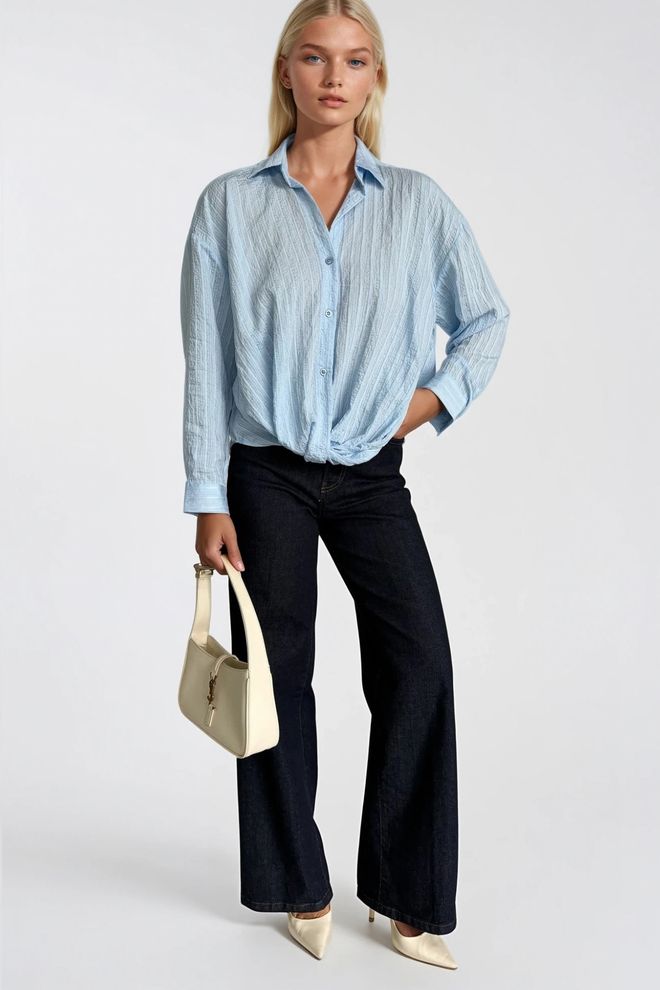 Black Fashion Niebieska Casual Elegancka Koszula W Paski Z Guzikami I Kołnierzykiem Polo Oversize Hurtowa sprzedaż odzieży Elegancki