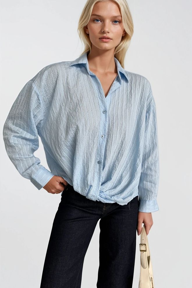 Black Fashion Mėlyna Kasdienė Elegantiška Dryžuota Marškiniai Su Sagomis Ir Polo Apykakle Oversize Didmeninė prekyba drabužiais Apykaklė su įkirpimu