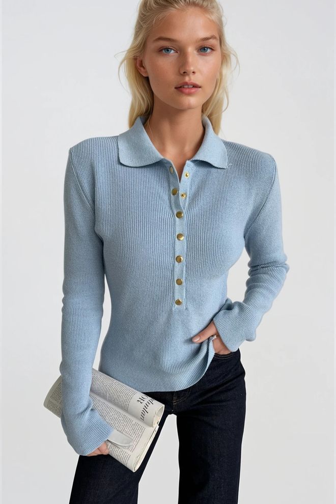 Black Fashion بلوزة أزرق جسد مثالي لعبة البولو الرقبة كم طويل ملابس بالجملة لطيف