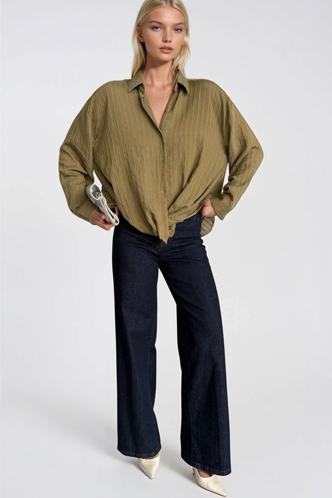 Black Fashion Khaki Koszula Casual W Paski Z Karbowanym Dekoltem Hurtowa sprzedaż odzieży Elegancki