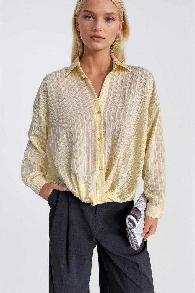 Black Fashion Żółta Koszula W Paski Z Kołnierzem Polo I Zapięciem Na Guziki Hurtowa sprzedaż odzieży Elegancki