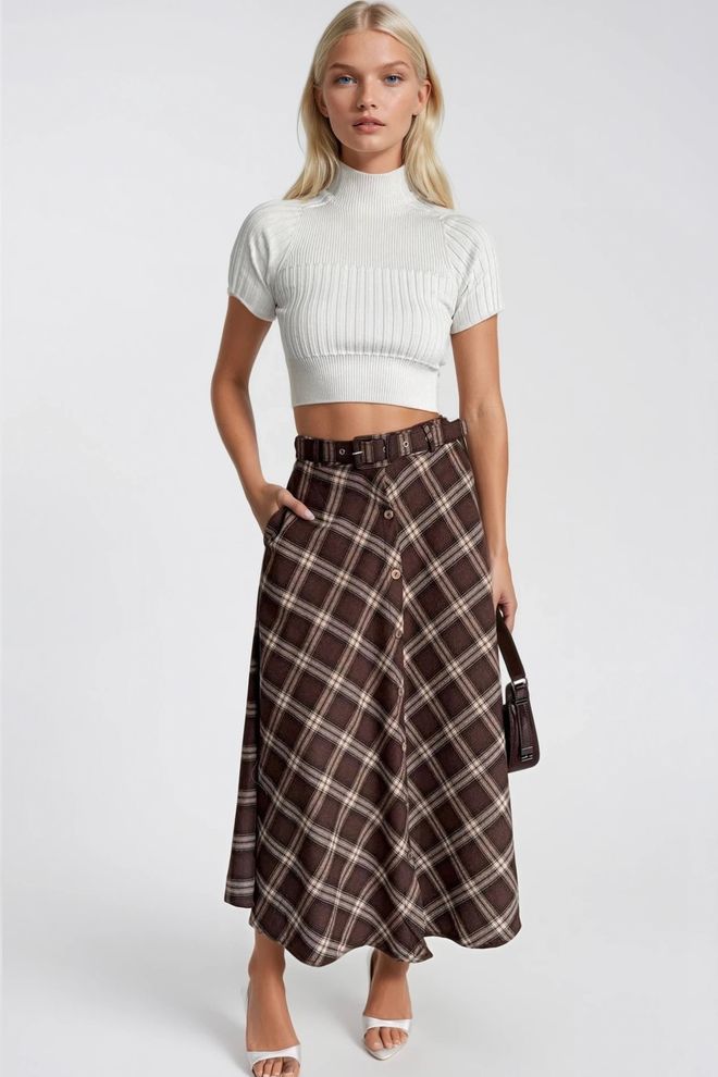 Black Fashion Schottenrock Mit Gürtel Und Knopfdetail Braun Großhandelskleidung Elegant