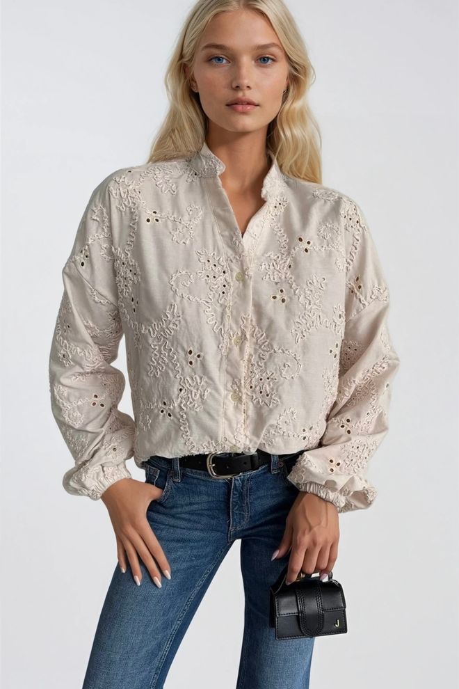 Black Fashion Camisa Bege Com Gola De Avô E Botões Roupas por atacado Elegante