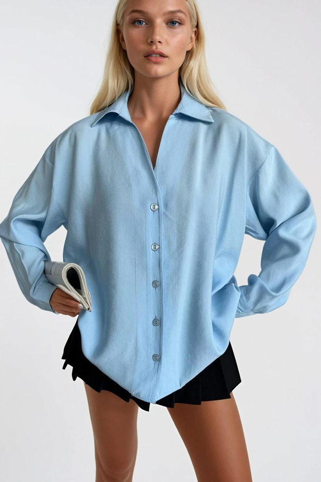 Black Fashion Blue Shirt With Shawl Collar Oversized Fit Long Sleeve Wholesale Clothing Modal