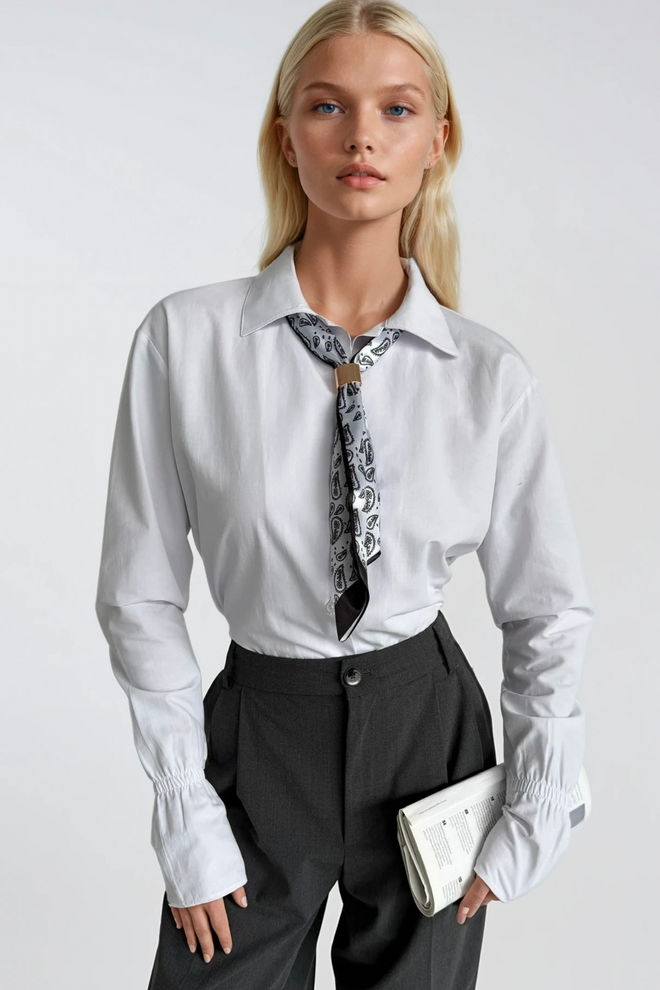 Black Fashion Camisa Formal Blanca Con Cuello Chal Y Cierre Abotonado Ropa al por mayor Algodón