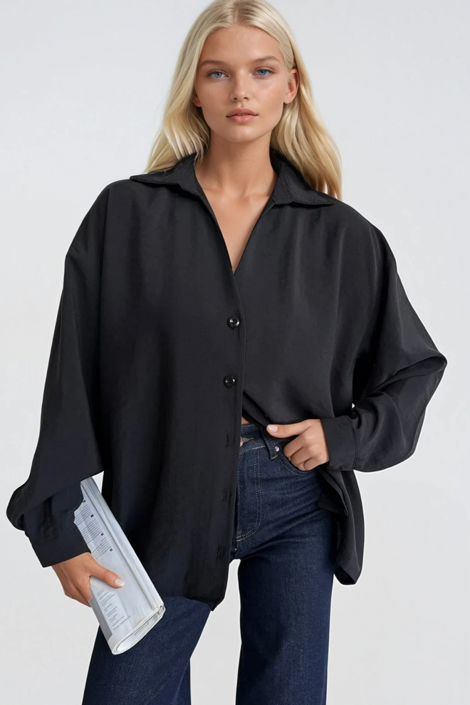Black Fashion Black Oversized Long Shirt With Shawl Collar Wholesale Clothing Casual