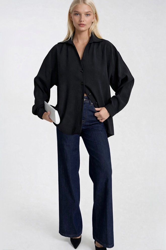 Black Fashion Black Oversized Long Shirt With Shawl Collar Wholesale Clothing Modal