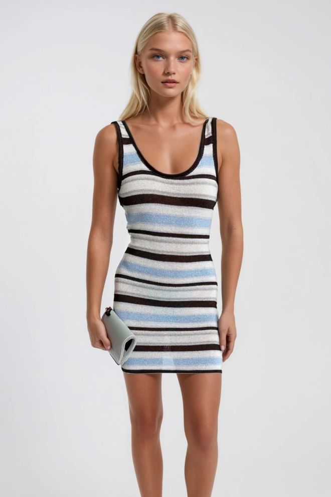 Black Fashion فستان أبيض مخطط بوديكون ميني ملابس بالجملة بوهو