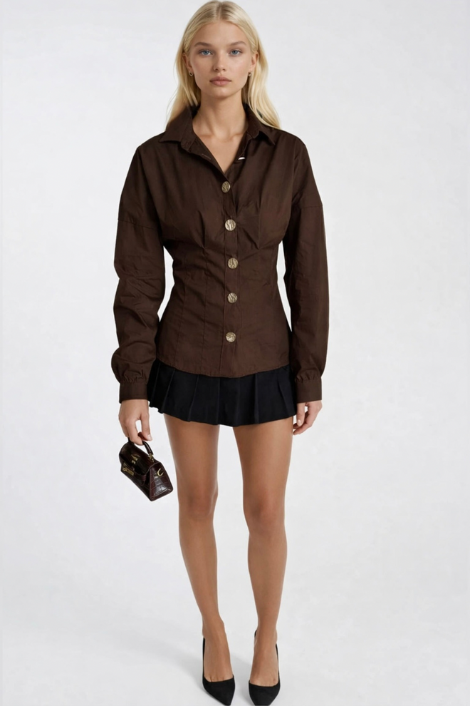 Black Fashion Waist Fit Gold Buttoned Shirt Brown Wholesale Clothing Casual