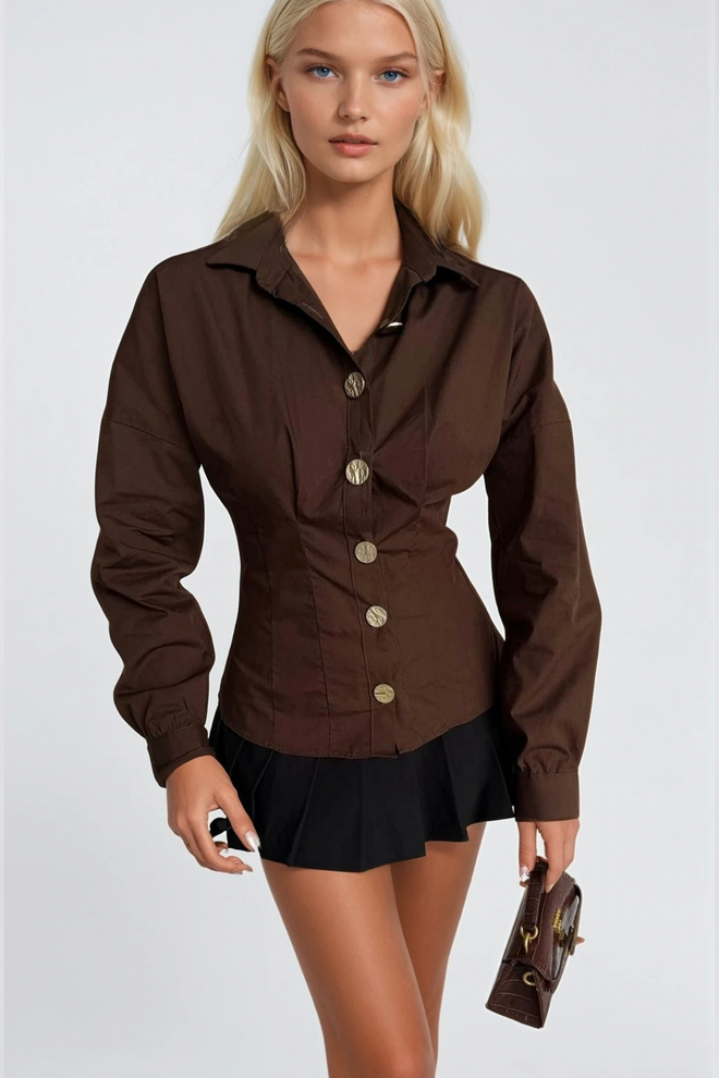 Black Fashion Waist Fit Gold Buttoned Shirt Brown Wholesale Clothing Cotton