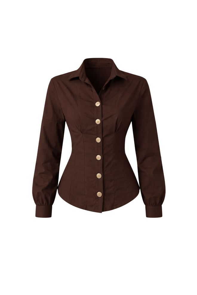 Black Fashion Waist Fit Gold Buttoned Shirt Brown Wholesale Clothing Birthday