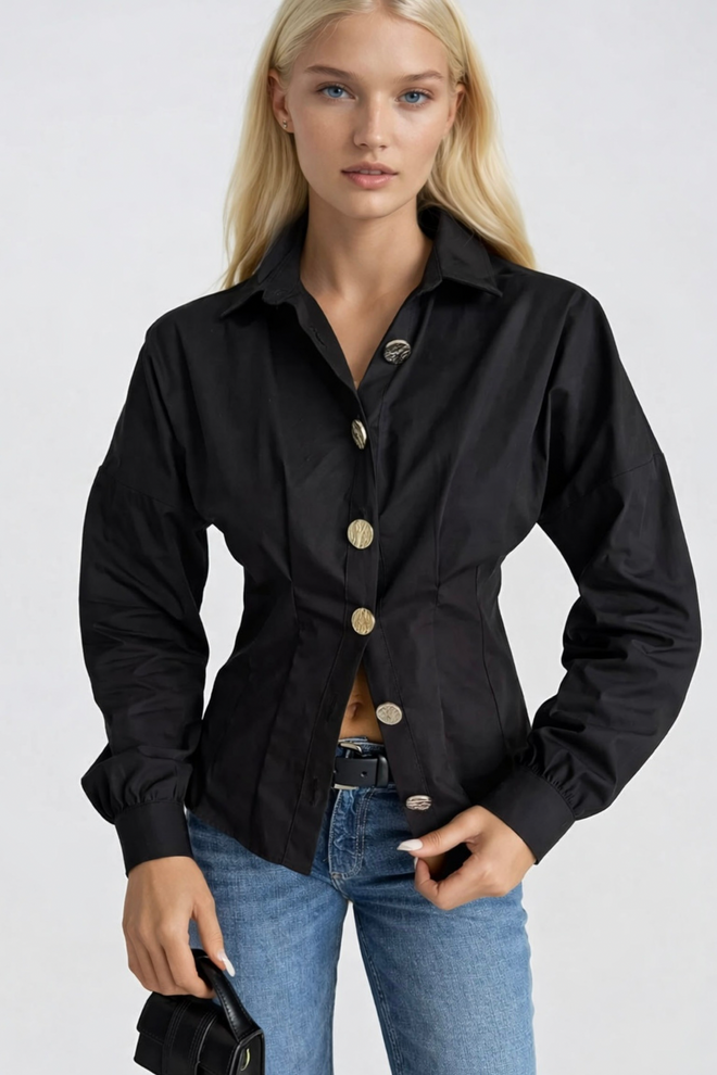 Black Fashion Waist Fit Gold Buttoned Shirt Black Wholesale Clothing Casual