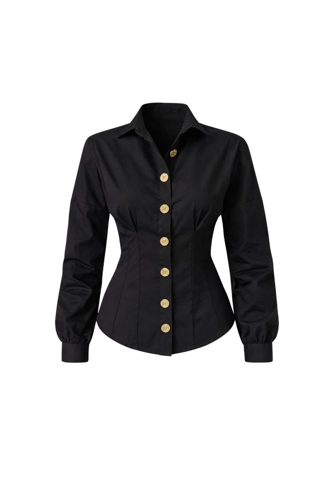 Black Fashion Waist Fit Gold Buttoned Shirt Black Wholesale Clothing Birthday