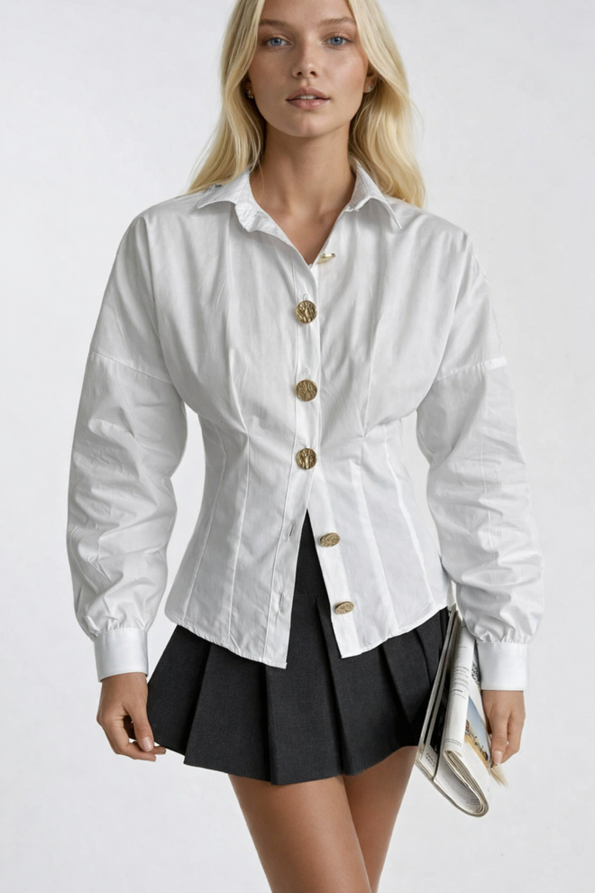 Black Fashion Waist Fit Gold Buttoned Shirt White Wholesale Clothing Casual