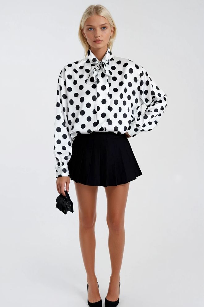 Black Fashion Camisa Blanca De Lunares Con Cuello Alto Y Mangas Largas Ropa al por mayor Poliéster