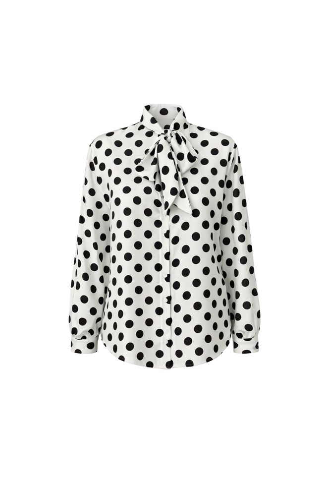 Black Fashion Camisa Blanca De Lunares Con Cuello Alto Y Mangas Largas Ropa al por mayor Cumpleaños