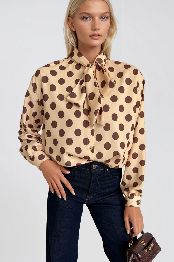 Black Fashion Camisa Beige Elegante Con Lunares Y Botones Ropa al por mayor Casual