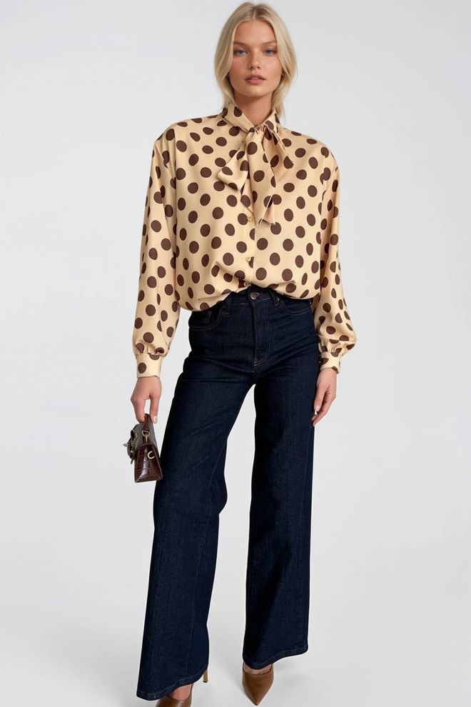 Black Fashion Camisa Beige Elegante Con Lunares Y Botones Ropa al por mayor Poliéster