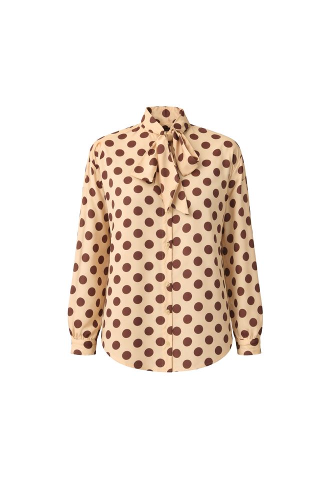 Black Fashion Camisa Beige Elegante Con Lunares Y Botones Ropa al por mayor Cumpleaños