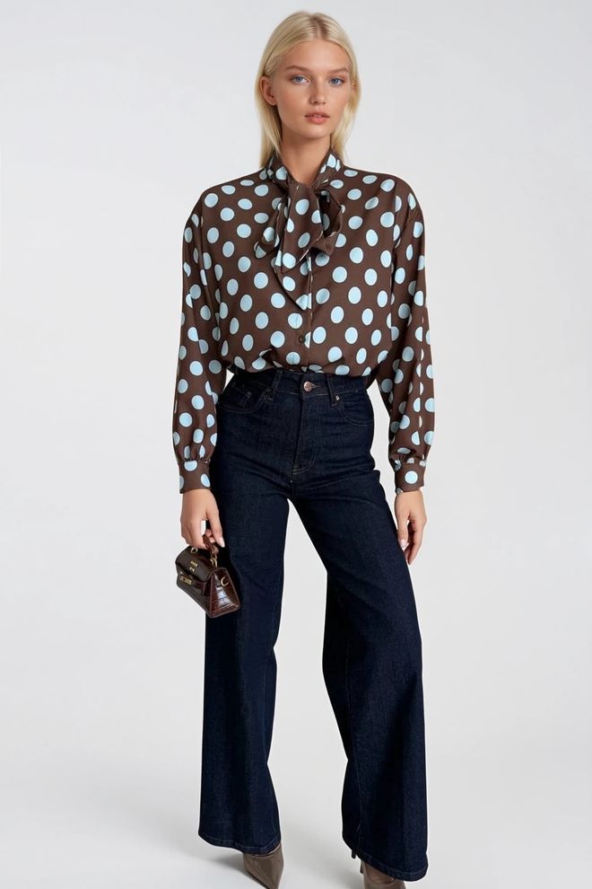 Black Fashion Camisa Marrón Vintage Con Lunares Y Botones Ropa al por mayor Casual