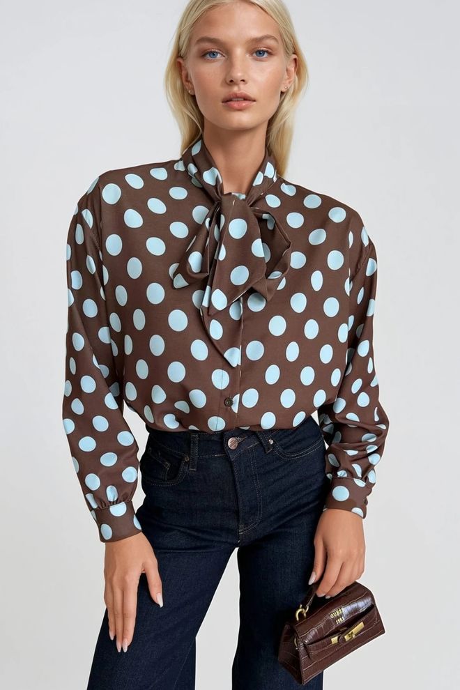 Black Fashion Camisa Marrón Vintage Con Lunares Y Botones Ropa al por mayor Poliéster