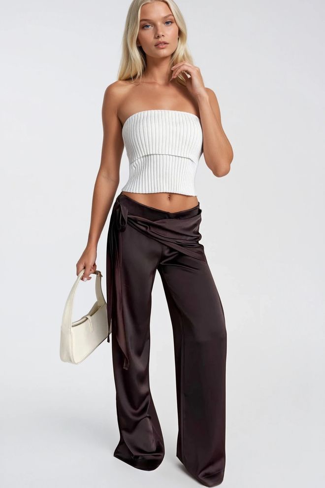 Black Fashion Pantalón Rojo Clarete Envolvente De Pierna Ancha Ropa al por mayor Poliéster