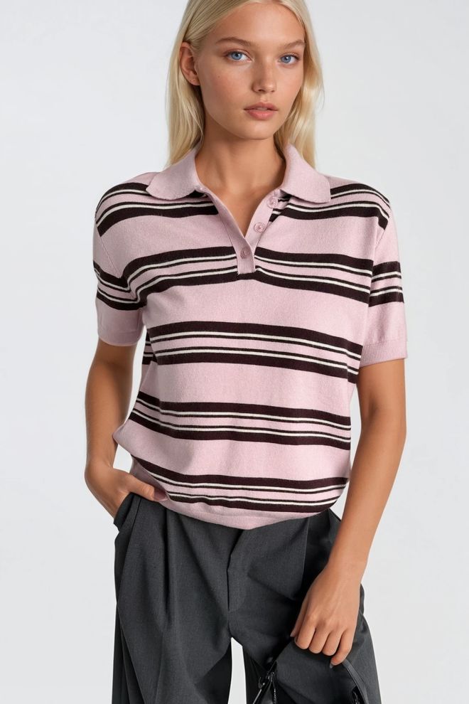 Black Fashion Rožinė Dryžuota Palaidinė Su Polo Apykakle Ir Trumpomis Rankovėmis Didmeninė prekyba drabužiais Kokteilinė