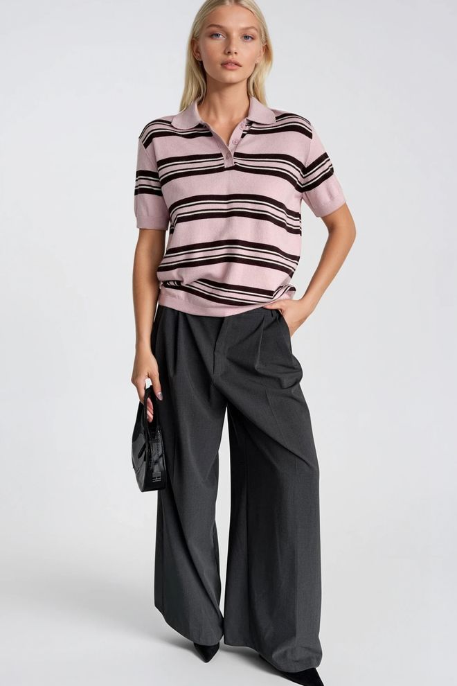 Black Fashion Blusa Rosa A Rayas Con Cuello Polo Y Mangas Cortas Ropa al por mayor Viscosa