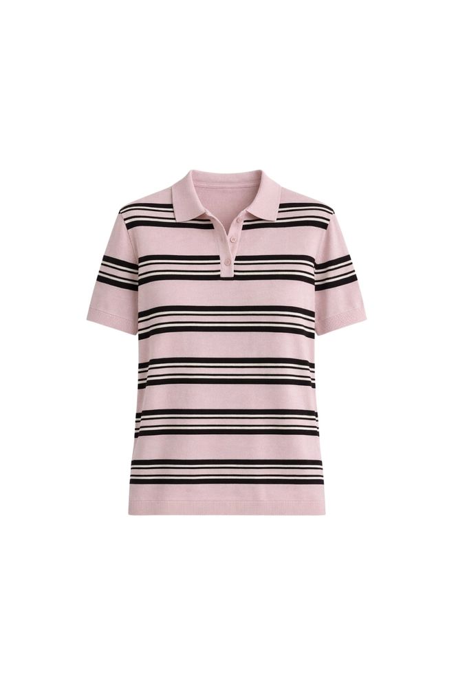 Black Fashion Blusa Rosa A Rayas Con Cuello Polo Y Mangas Cortas Ropa al por mayor Cumpleaños