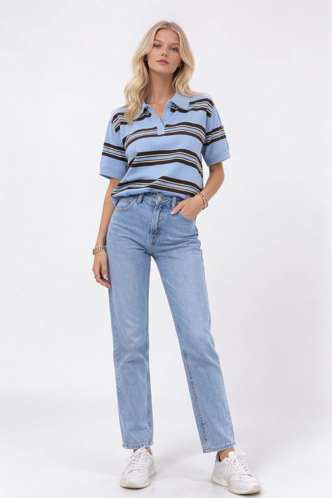 Black Fashion Blusa Azul Casual Deportiva A Rayas Ropa al por mayor Viscosa