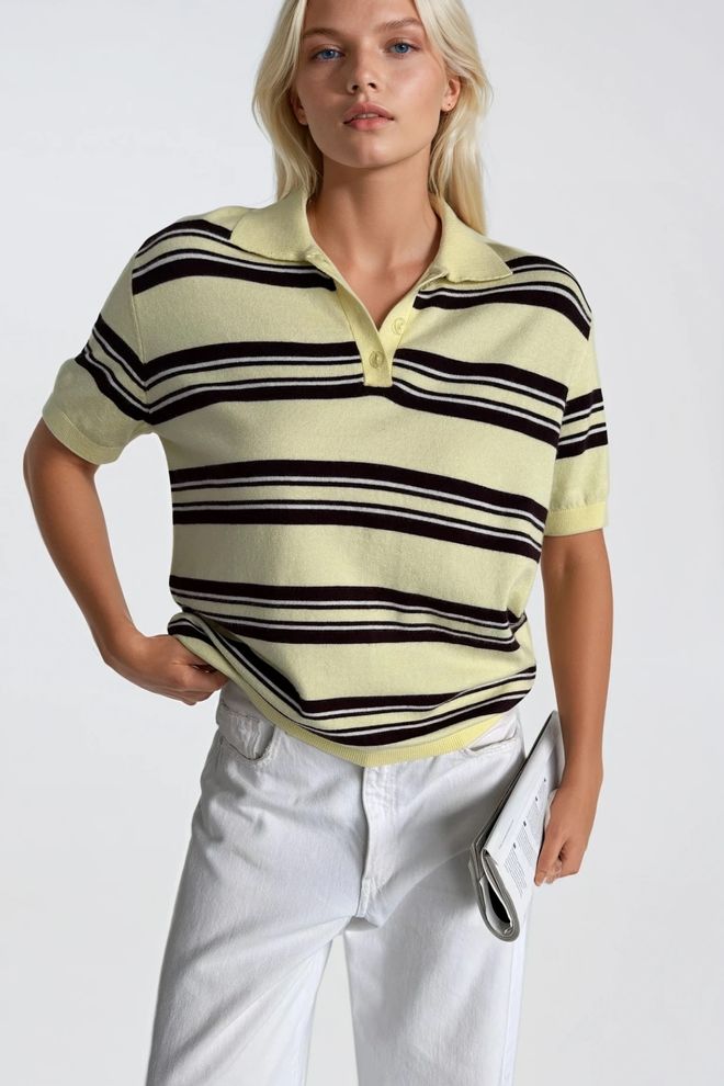 Black Fashion Blusa Caqui A Rayas Con Cuello Polo Y Manga Media Ropa al por mayor Viscosa