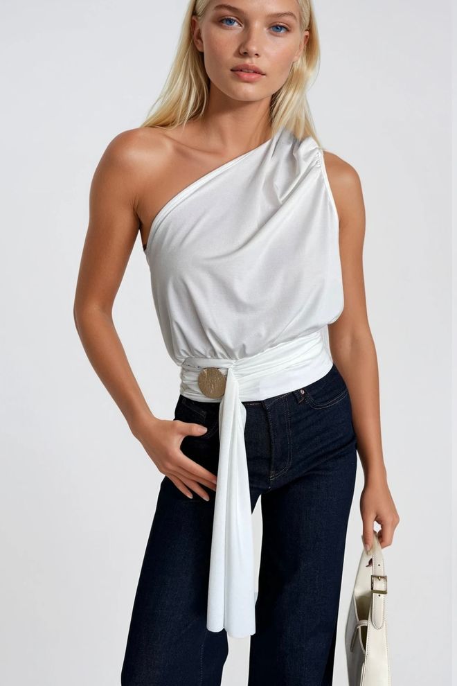 Black Fashion Bela Bluza Brez Rokavov Z Vratom Na Eno Ramo Oblačila na debelo Eleganten