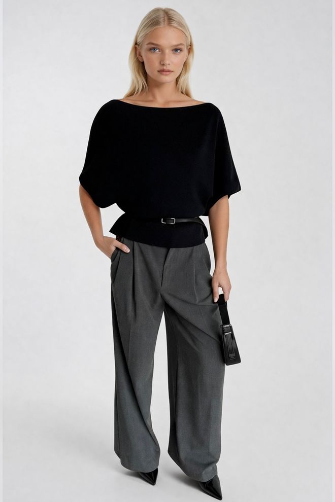 Black Fashion Chemisier Pull À Manches Courtes Et Col Bateau Avec Ceinture Noir Vêtements en gros Élégant