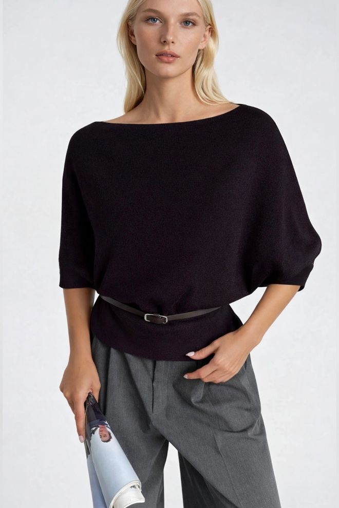 Black Fashion Elegantna Črna Bluza Z Dolman Polovičnimi Rokavi Oblačila na debelo Eleganten