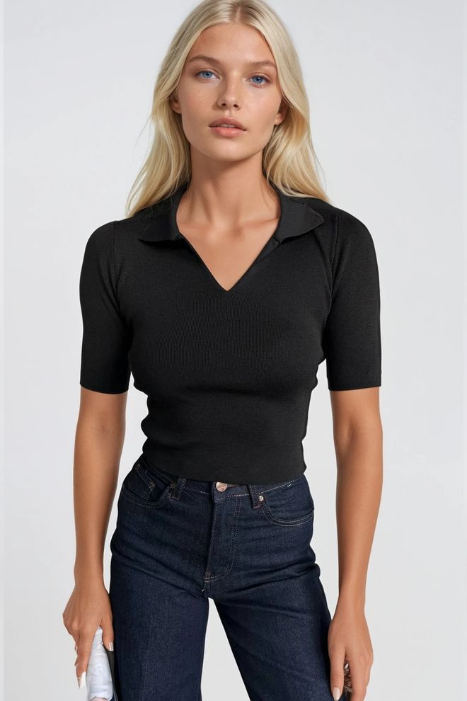Black Fashion Blusa Corta In Maglia Con Scollo A Polo Nera Abbigliamento all'ingrosso Abbigliamento di strada