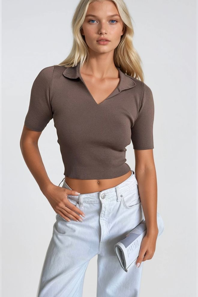 Black Fashion Rjava Ozek Kroj Crop Bluza Z V izrezom Oblačila na debelo Ulična oblačila