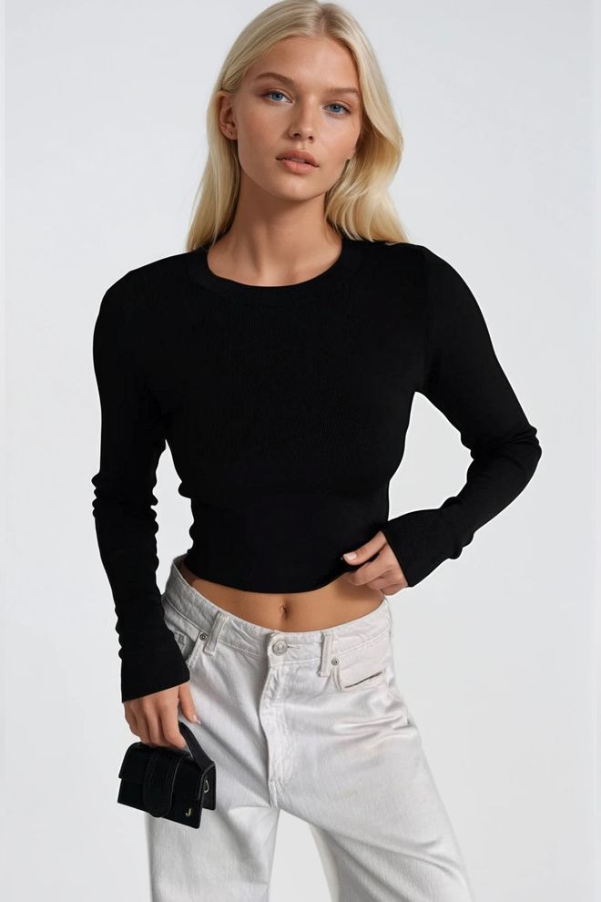 Black Fashion Blouse Pull Basique À Col Rond Noir Vêtements en gros Décontracté