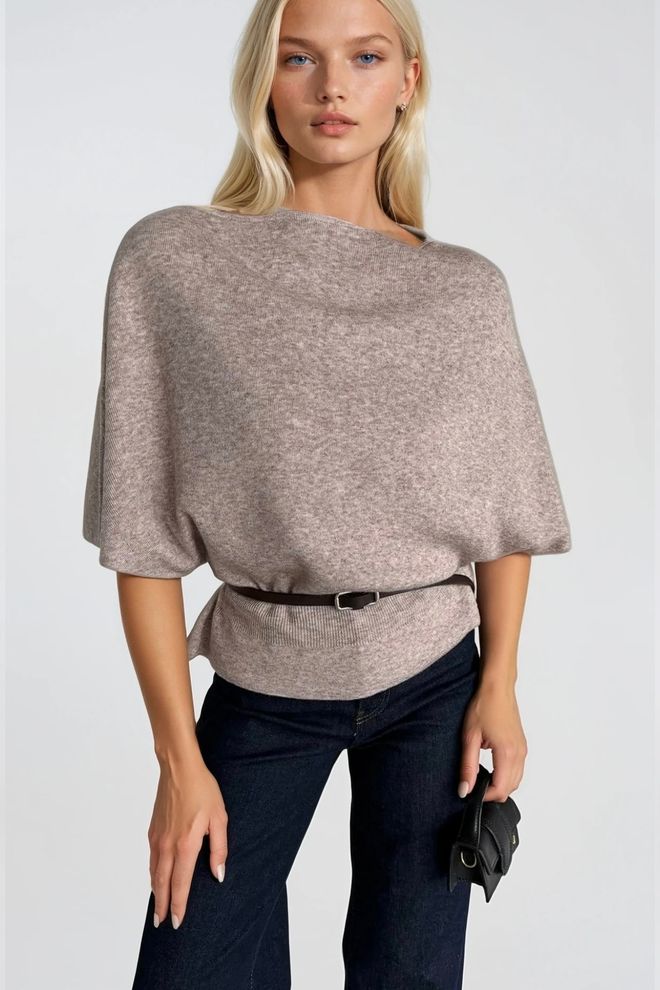 Black Fashion Blouse À Manches Courtes Et Col Bateau Avec Ceinture Beige Vêtements en gros Élégant