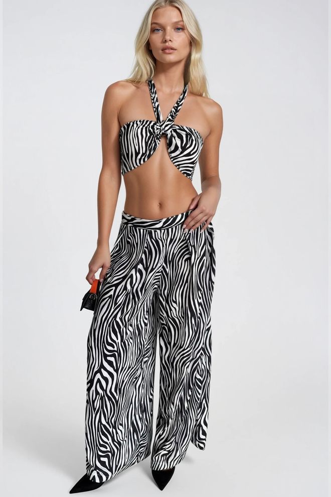 Black Fashion Set Doppio Di Pantaloni A Camicetta Corti Con Motivi Zebra Abbigliamento all'ingrosso Elegante