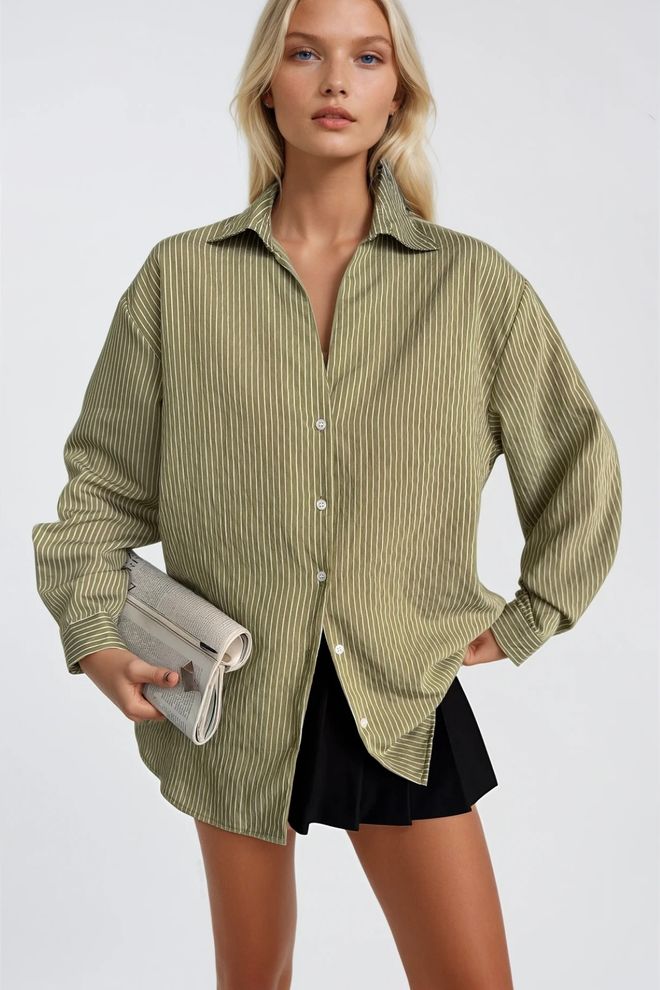 Black Fashion Khaki Pruhovaná Neformálna Oversized Košeľa Veľkoobchod s oblečením Streetwear