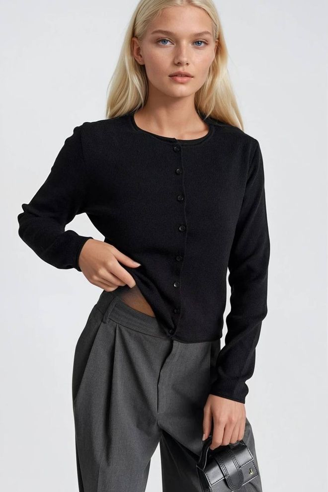 Black Fashion Črna Bluza Z Dolgimi Rokavi In Okroglim Izrezom Ležerno Formalno Eleganten Oblačila na debelo Eleganten