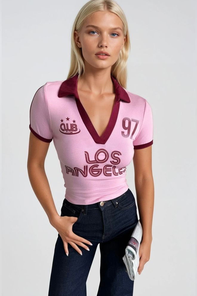 Black Fashion T shirt Court Imprimé Bicolore À Col Polo Rose Vêtements en gros Streetwear