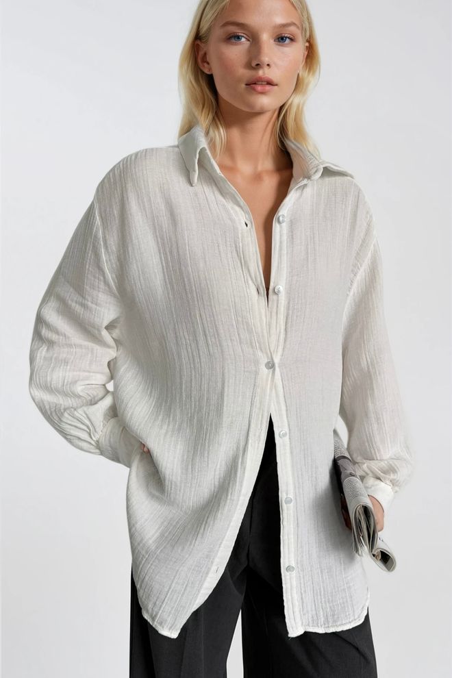 Black Fashion Biała Koszula W Rozmiarze Oversize Z Karbowanym Dekoltem Hurtowa sprzedaż odzieży Odzież uliczna